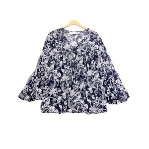LaBellum Hillary‎ Scott Flowy Blouse Top Womens Sz 1X Semi Sheer Floral Bell Slv